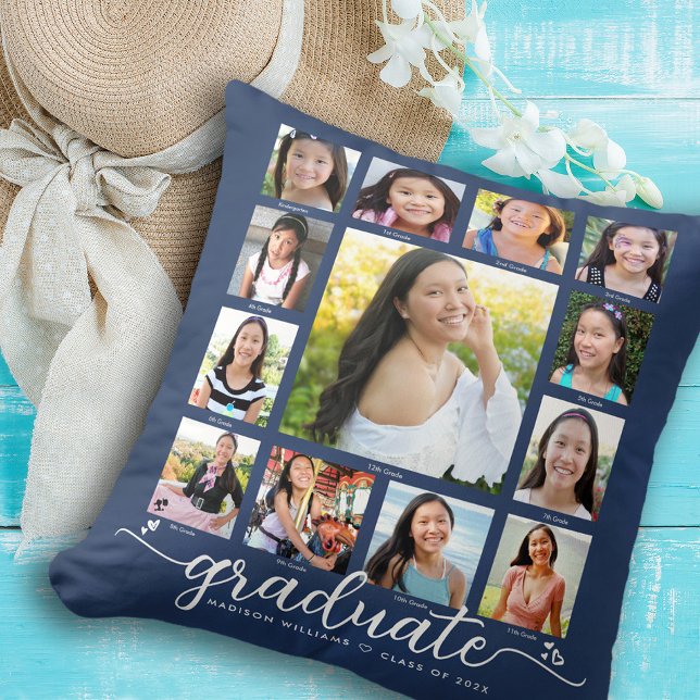 Navy Graduation K–12 Modern Script Photo Collage Cushion (Creator Uploaded)