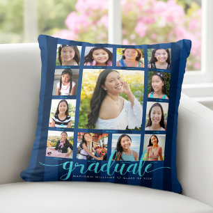 Navy Graduation K–12 Photo Collage Script Stripes Cushion