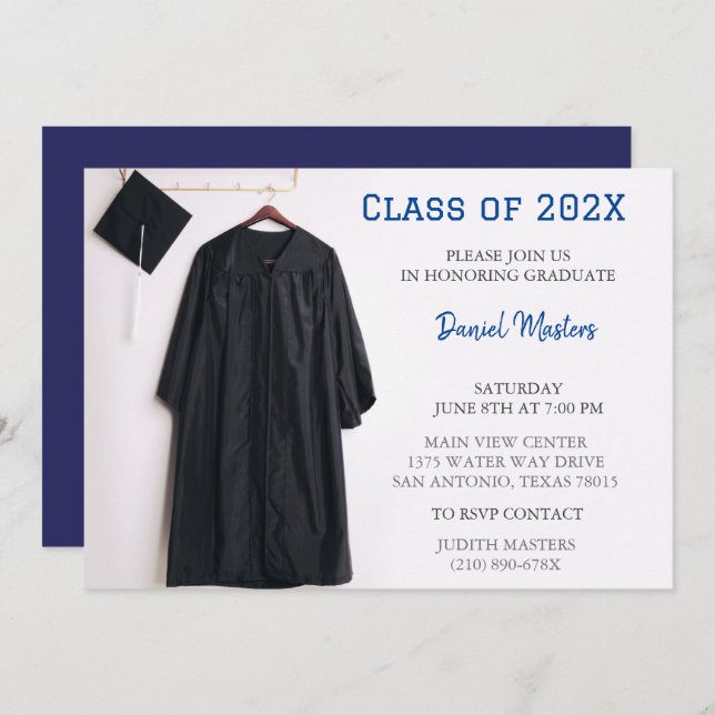 Navy Graduation Party Cap and Gown Invitation (Front/Back)