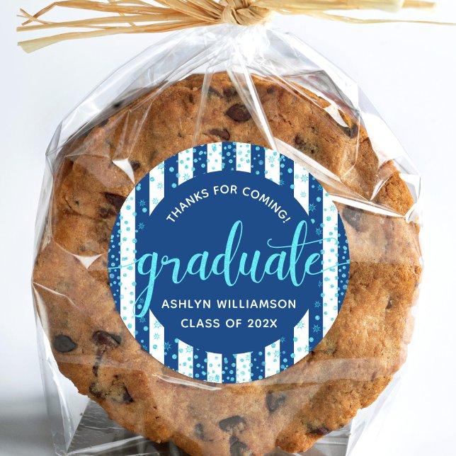 Navy Graduation Turquoise Glitter Confetti Script  Classic Round Sticker (Creator Uploaded)