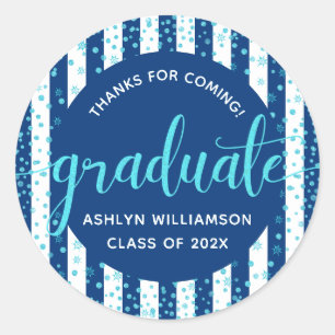Navy Graduation Turquoise Glitter Confetti Script  Classic Round Sticker
