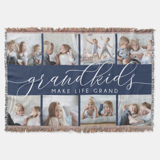 Navy | Grandkids Make Life Grand Photo Collage Throw Blanket (Front)