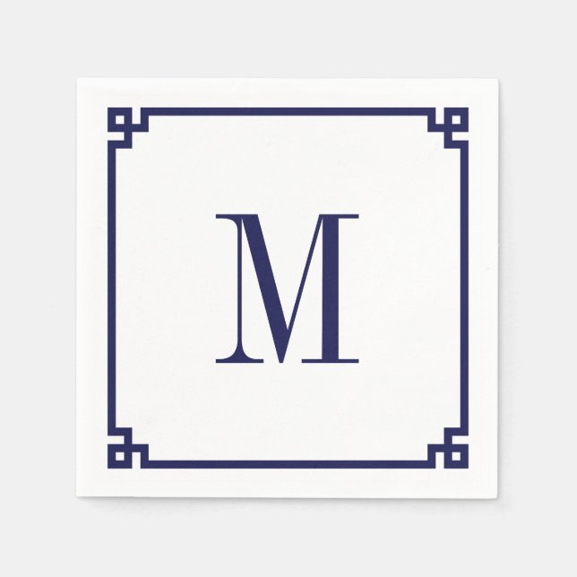 Navy Greek Key Border Monogram Napkin (Front)