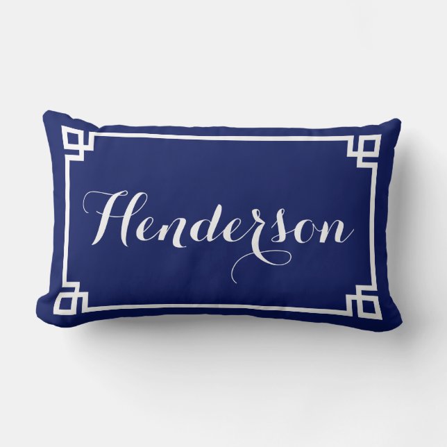Navy Greek Key Family Name Lumbar Cushion (Front)