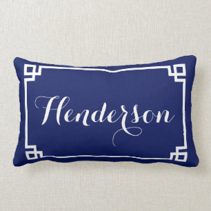 Navy Greek Key Family Name Lumbar Cushion