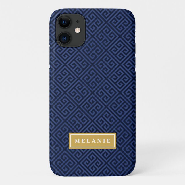 Navy Greek Key Pattern Gold Name Template Case-Mate iPhone Case (Back)