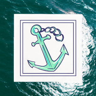 Navy Green Anchor Nautical Coastal  Napkin