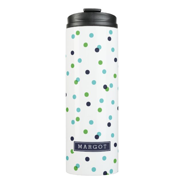 Navy Green and Turquoise Confetti Dots Monogram Thermal Tumbler (Front)