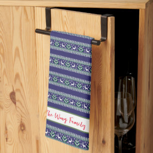 Navy Green and White Fair Isle Christmas Tea Towel
