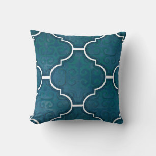 Navy Green Arabesque Scroll Pattern Moroccan Tile Cushion