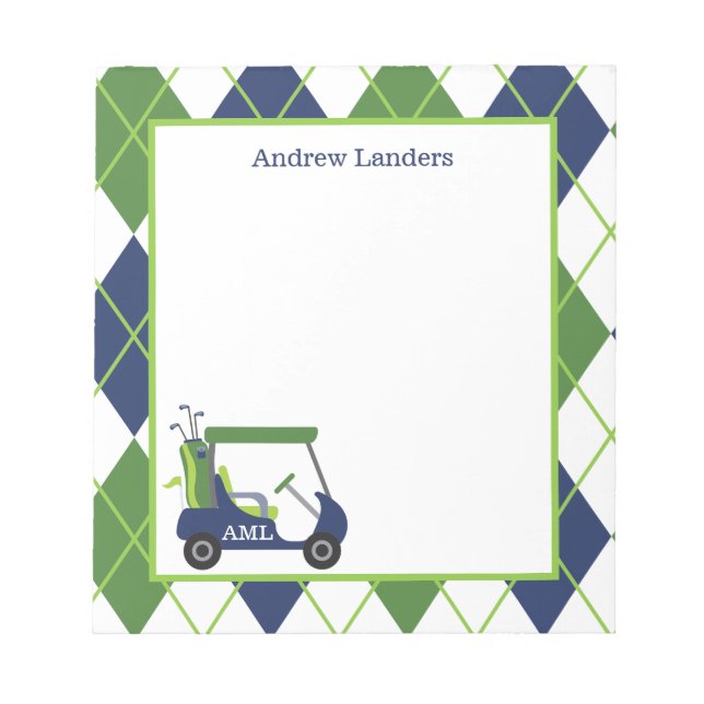 Navy & Green Argyle Golf Personalised Notepad (Front)
