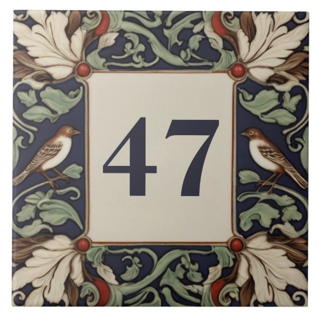 Navy Green Bird House Number Plaque Plate Sign Ceramic Tile (Front)