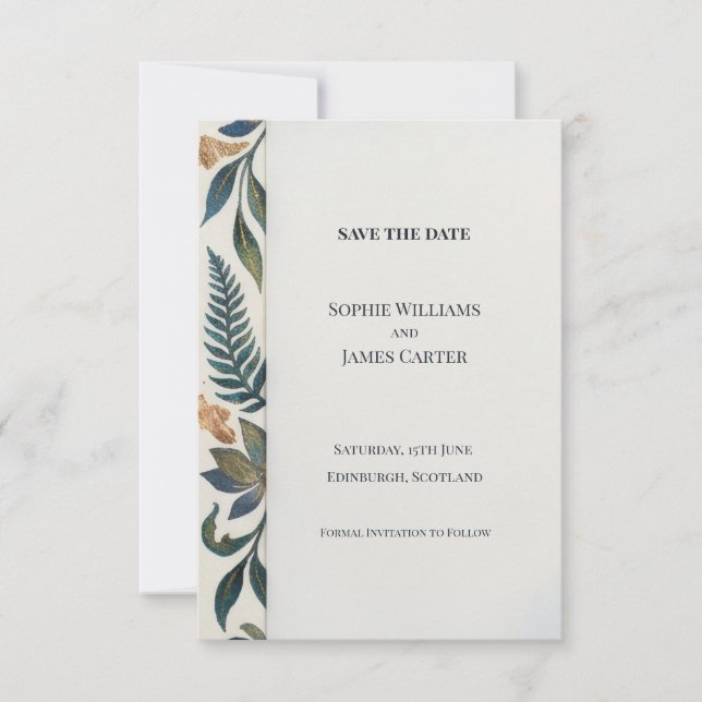 Navy Green Botanical Save The Date Card (Front)