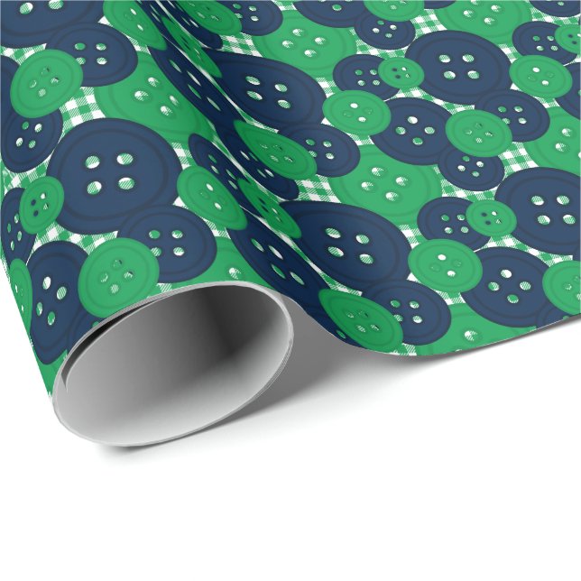 Navy & Green Buttons Gingham - Craft & Sewing Room Wrapping Paper (Roll Corner)