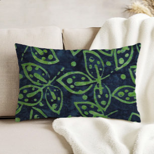 Navy Green Foliage Boho Batik Look Decorative Cushion