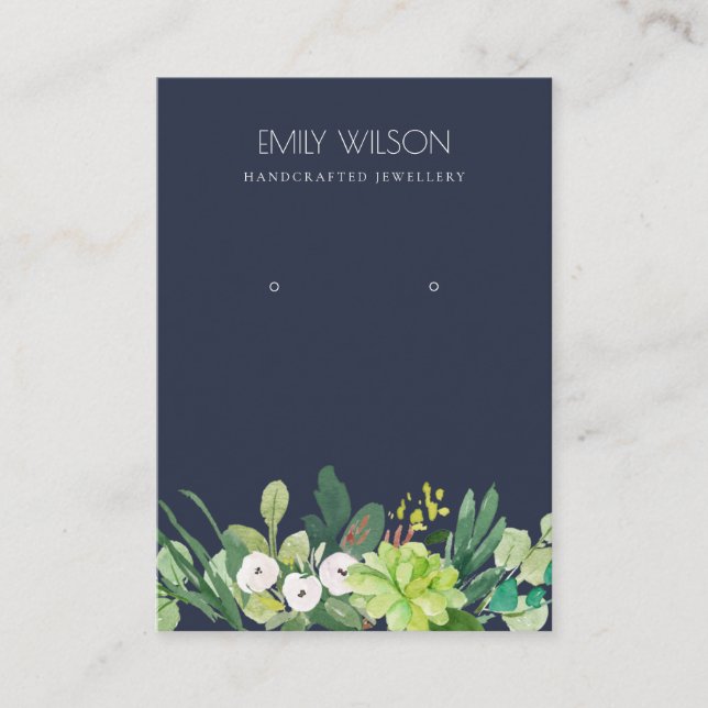 NAVY GREEN FOLIAGE SUCCULENT PEONY EARRING DISPLAY BUSINESS CARD (Front)