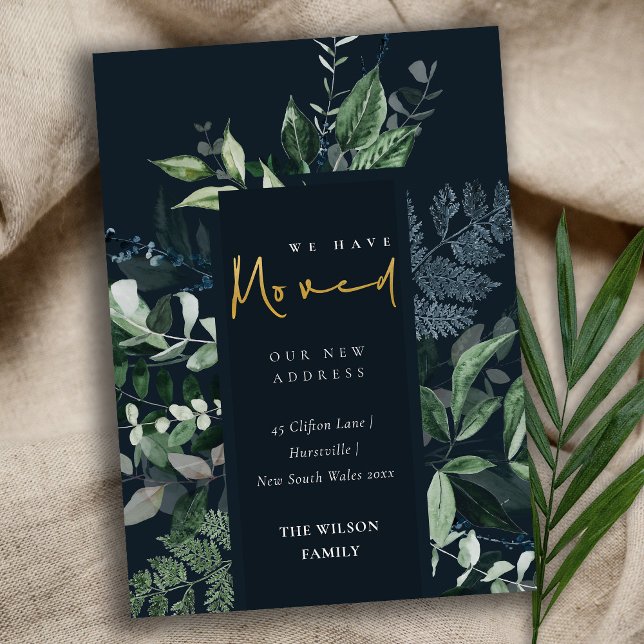 Navy Green Gold Greenery Frame We have Moved Card (Creator Uploaded)