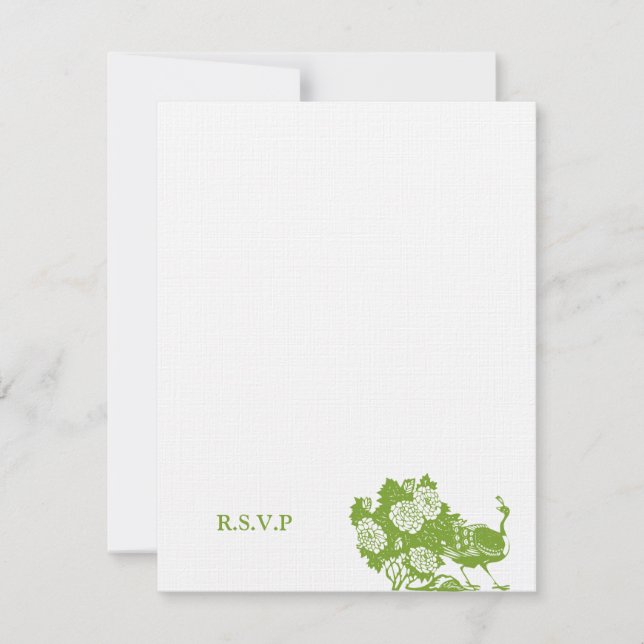 Navy green peacock wedding RSVP response card (Front)