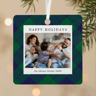 Navy Green Plaid Family Photo Christmas Metal Tree Decoration