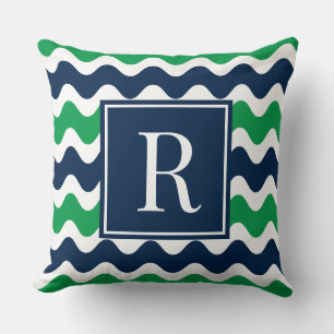 Navy & Green Preppy Ric Rac Stripe Monogram Cushion
