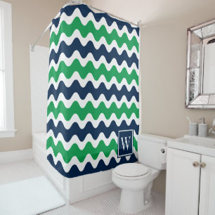 Navy & Green Preppy Ric Rac Stripe Shower Curtain