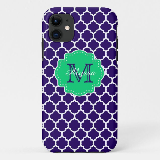 Navy Green Quatrefoil Personalised Case-Mate iPhone Case (Back)