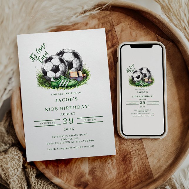 Navy green Soccer Kids Watercolo Invitation (Creator Uploaded)