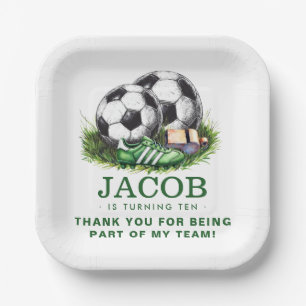 Navy green Soccer Kids Watercolor Paper Plate