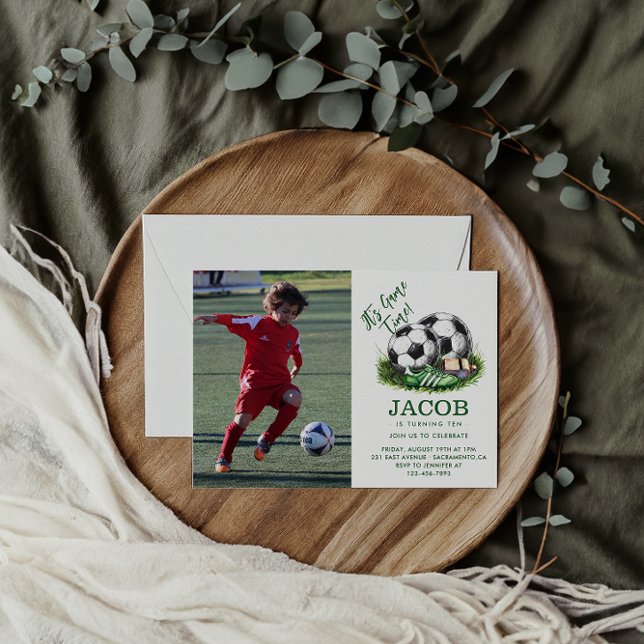 Navy green Soccer Kids Watercolor photo Invitation (Creator Uploaded)