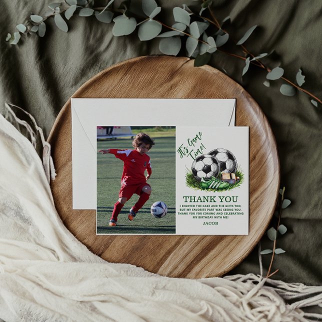 Navy green Soccer Kids Watercolor photo Thank You Card (Creator Uploaded)