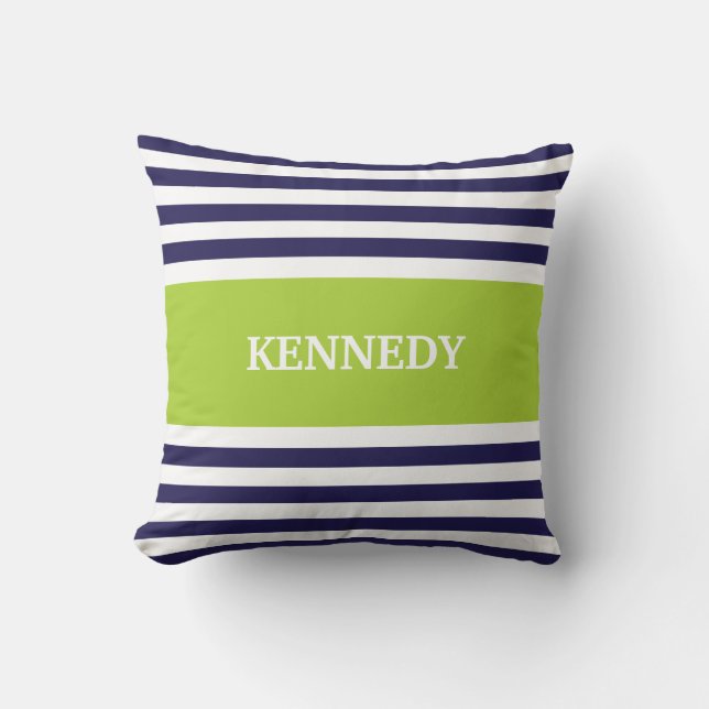 Navy Green Stripes Monogram Cushion (Front)