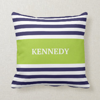 Navy Green Stripes Monogram Cushion