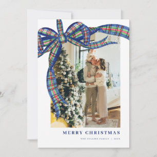 Navy Green Tartan Bow Christmas Photo Holiday Card
