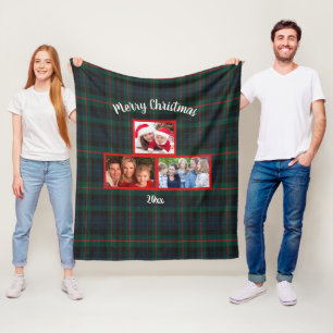 Navy Green Tartan Plaid Merry Christmas Photo Fleece Blanket