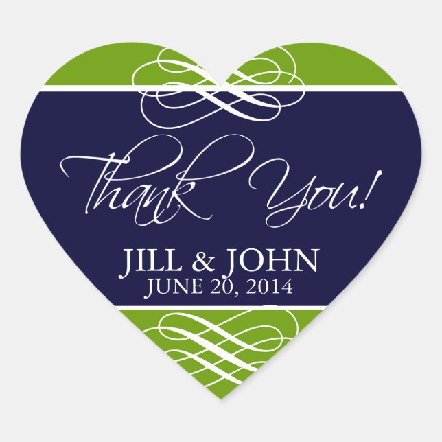 Navy Green Thank You Wedding Stickers Heart (Front)