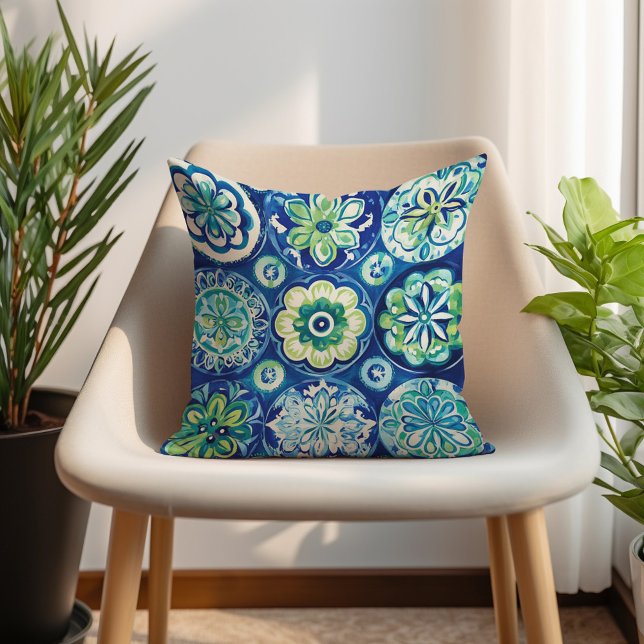 Navy Green Turquoise Boho Floral Cushion (Navy Green Turquoise Boho Floral Throw Pillow)