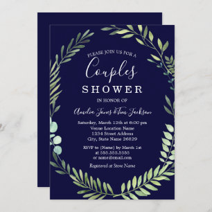 Navy Green Watercolor Wreath Couples Shower Invitation