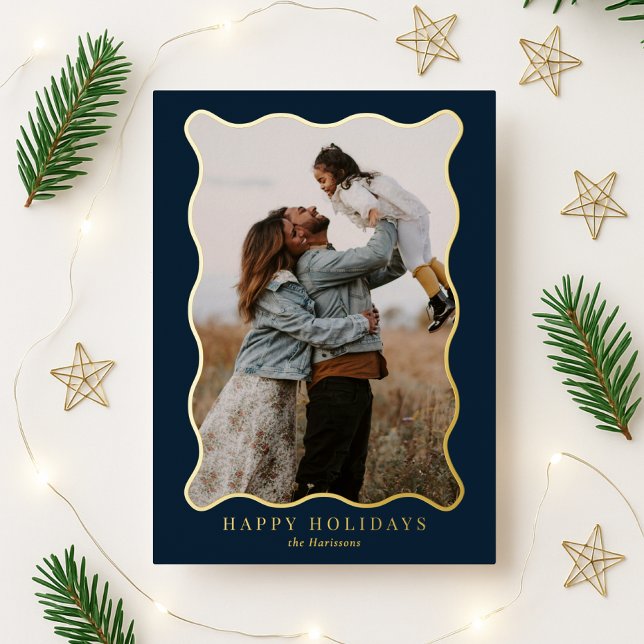 Navy & Green Wavy Frame Holiday Family Photo Card (Creator Uploaded)