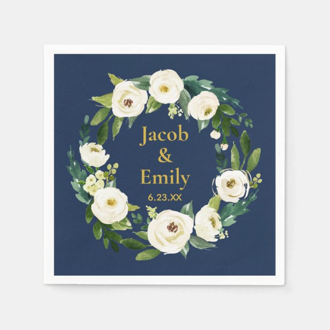 Navy Greenery Gold Personalised Names Date Wedding Napkin (Front)