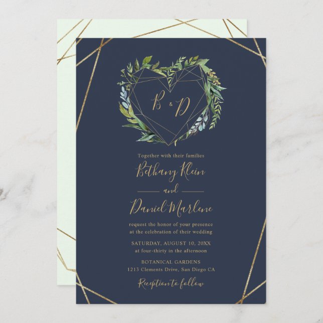 Navy Greenery with Geometric Heart Frame Wedding Invitation (Front/Back)