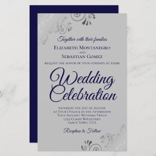 Navy & Grey Frilly BUDGET Wedding Invitation Large