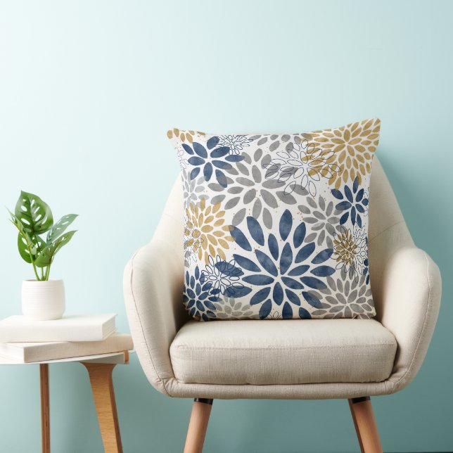 Navy Grey Gold Dahlia Blooms Cushion (Chair)