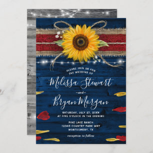 Navy Grey Red Rose Sunflower Rustic Wood Wedding Invitation
