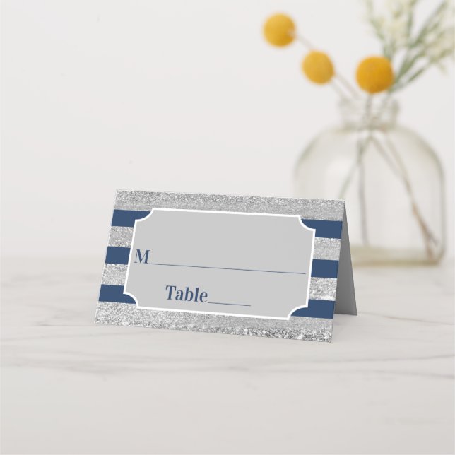 Navy, Grey Stripes Bar Mitzvah Place Card (Front)