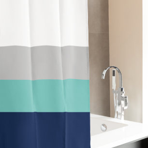 Navy, Grey Teal Colorblock Stripes Shower Curtain