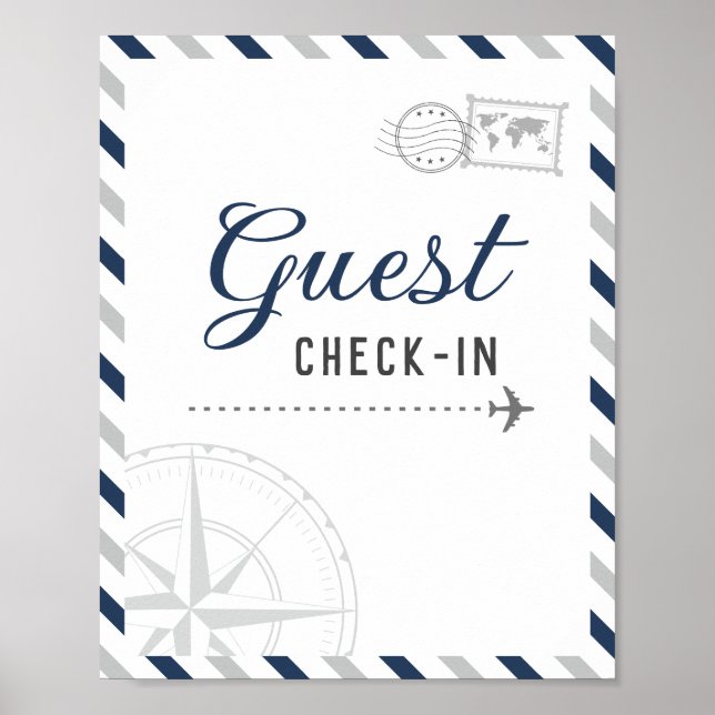 Navy Grey Travel Aeroplane Guest Check-in Welcome Poster (Front)