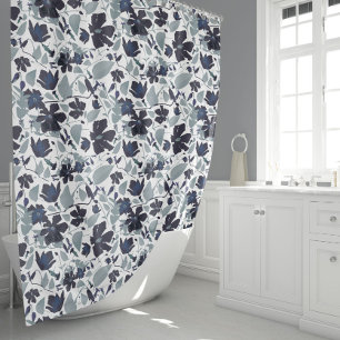 Navy Grey Watercolor Clematis Floral Pattern Shower Curtain