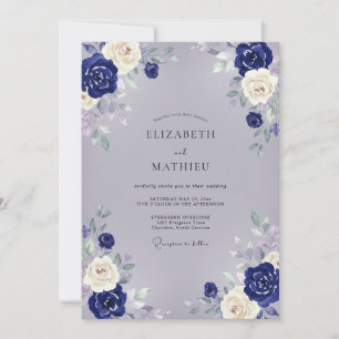 Navy Grey Watercolor Floral Wedding Invitation