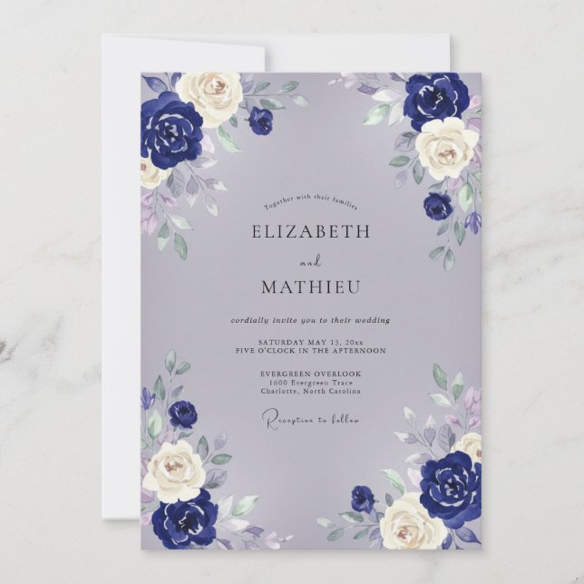 Navy Grey Watercolor Floral Wedding Invitation (Front)