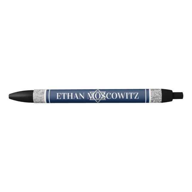 Navy, Grey, White Star of David Bar Mitzvah Black Ink Pen (Front)